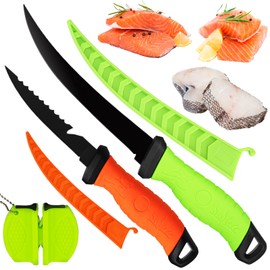 2-Piece Fish Fillet Knife Set, 5-Inch and 7-Inch Stainless Steel Fillet Knives with Sharpener, Non-Slip Handles, Fish Cleaning Knives for Fishing, Camping, and Outdoor Cooking, Green & Orange