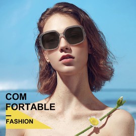 ViewJoy Oversized Sunglasses for Women Polarized 100% UV Protection Spring Hinges for Big Head Large Square Grey Frame Classic Trendy Style