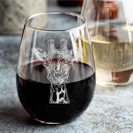 Giraffe Stemless Wine Glass 18 oz Laser Engraved Hand Drawn Picture of a Giraffe - Perfect gift for Giraffe Lovers - Safari Themed Wine glass