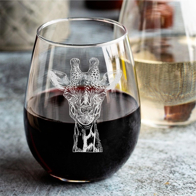 Giraffe Stemless Wine Glass 18 oz Laser Engraved Hand Drawn
