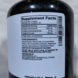 Crazy Muscle Three-atine Premium 3x Creatine 180 Tablets Exp 03/26