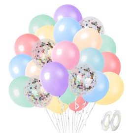 SEDECIDE Pastel Balloons, 60 Pcs Pastel Latex Balloons, 12-Inch Macaron Red, Pink, Blue, Purple, Green, Yellow, Orange Balloons with Colorful Confetti for Baby Shower, Rainbow Pastel Party Decorations
