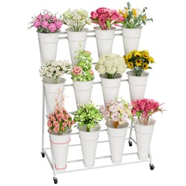 NEYCIL Flower Stand, 3 Tier Flower Display Stand with 12 Buckets, Upgrade Double Circle No Shaking, Outdoor Flower Cart with Wheels for Patio, Garden, Shop, Wedding, Party, Exhibition, Indoor, White