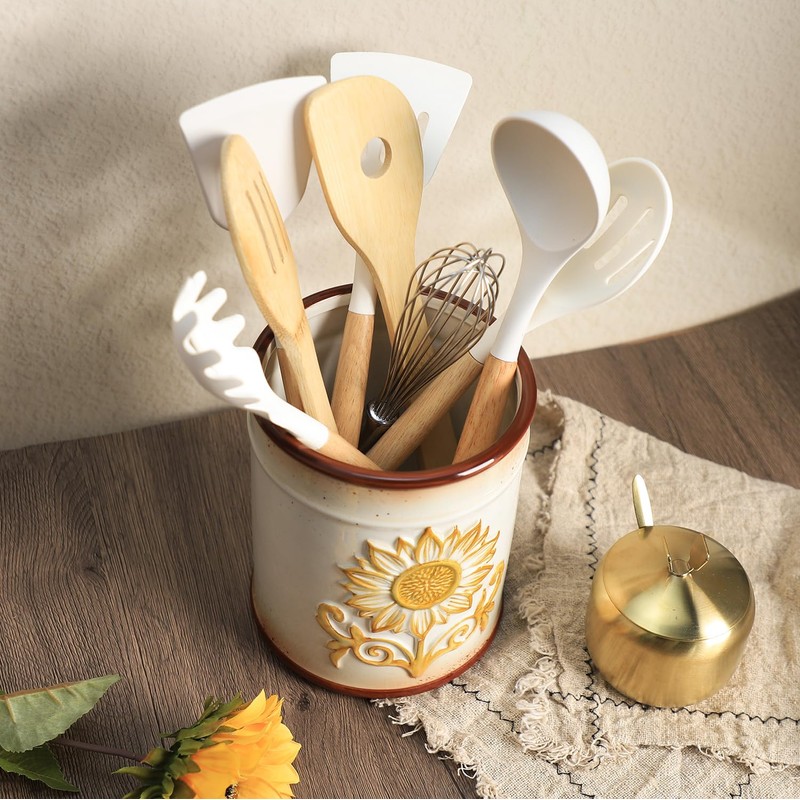 SOCOSY Ceramic Retro Sunflower Embossed Kitchen Utensil Holder, Large Cooking