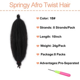 Mscat 25,4 cm vorgetrennte, federnde Afro-Twist-Haarverlängerungen, 8 Packungen, Marley Twist Crochet Braiding Kunsthaarverlängerungen (8 Strähnen/Packung, 1B#)