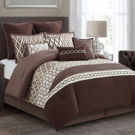 LANCO MODERN LIFESTYLE Queen Comforter Set, Brown, 10 Piece Bed in a Bag for All Seasons, Luxury Extreme Comfort Bedding Sets with Bedskirt, Pillow Shams, Euro Shams and Decor Pillows