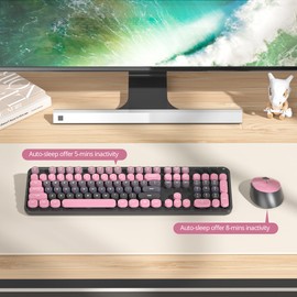 iRoboosta Pink Wireless Keyboard and Mouse Combo, 2.4GHz Creamy Keyboard Mouse Wireless, Retro Key Board with Round Keycaps, Cute Key Board Home and Office Aesthetic Keyboards (Gradient Black Pink)