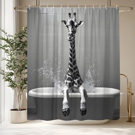Funny Giraffe Shower Curtain The Cute Giraffe is Sitting in The Bathtub and Taking a Bath Farmhouse Animals Wildlife Vintage Gray Background Polyester Fabric Bathroom Decorative Curtain 70 x 70 inch