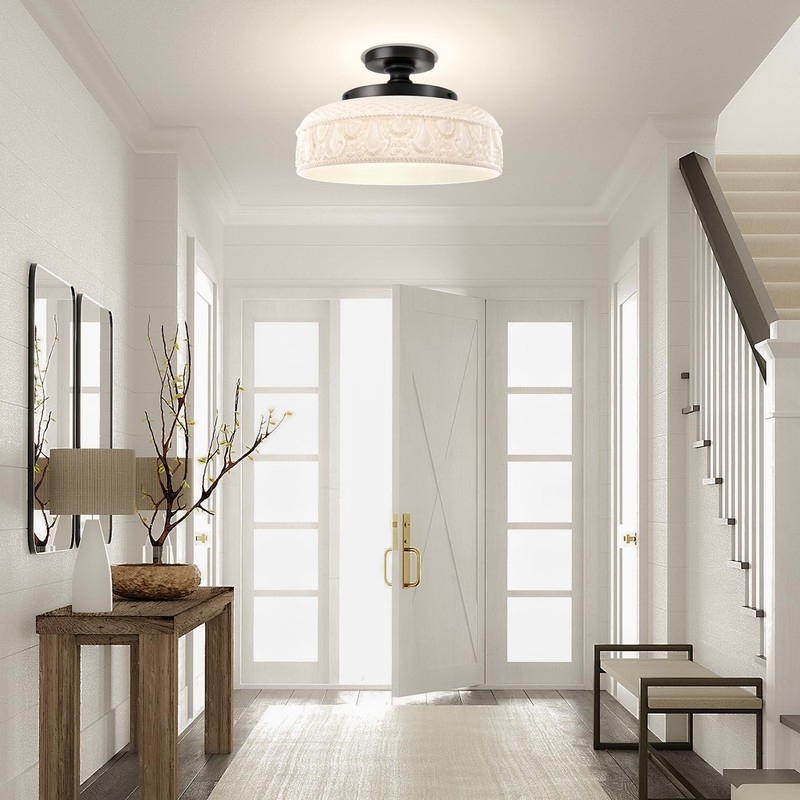 Lamomo Semi Flush Mount Ceiling Light,White Glass Shade Black Hallway