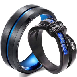 ringheart Two Rings Couple Rings Black and Blue Plated Titanium Steel 8mm Mens Wedding Band Blue Cz Womens Wedding Ring