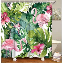 LIVILAN Tropical Shower Curtain, Green Shower Curtain, Flamingo Shower Curtains for Bathroom, Botanical Shower Curtain Set with 12 Hooks, Leaf Bathroom Decor, 72X72 inches
