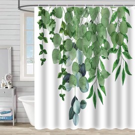 FAIRYGATE Shower Curtain, Green Bathtub Curtain, Shower Curtains, Anti Bacterial Shower Curtain, Herb Bouquet, Bathroom Decoration Set Made of Fabric with Hooks, 180 x 180 cm, Green Leaves Bathroom