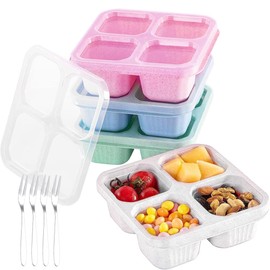 Snack Boxes, 4 PCS Snack Containers, 4 Compartments Bento Snack Box with 4 PCS Stainless Steel Fruit Forks Reusable Meal Prep Lunch Containers for School Work Travel 4 Colors