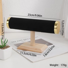 RQQM T-Bar Jewelry Display Stand, Black Velvet with Gold Accents, 9.05 x 5.31 inches, Bracelet and Watch Organizer