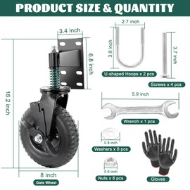 8 Inch Fence Gate Wheels with Brake 2 Install Heavy Duty Gate Wheels for Metal Wooden Gate Sliding Hardware 600lb Capacity 360° Rotation Spring-Loaded Farm Garden Caster Screwdriver Gloves Black