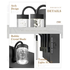 LMS 4 Lights Dimmable Crystal LED Vanity Light, Modern Matte Black Bathroom Light Fixtures 16W 3000/4000/5000K, LMS-193
