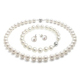 TreasureBay Women's Pearl Necklace Set | 8-9mm White Pearl Necklace, Bracelet and Earrings Jewellery Set Necklace Length 20 IN