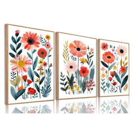 KISSFOX Framed Colorful Wildflower Canvas Wall Art Set Of 3 Flowers Pictures Prints Flowers Printing Floral Watercolors Flower wall Decor Living Room Girls Bedroom Bathroom