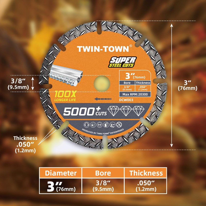TWIN-TOWN 3" Diamond Cutting Wheel with 3/8" Arbor, Metal Cut