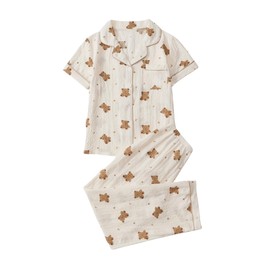 Verdusa Women's 2 Piece Pajama Sets Cute Printed Pj Sets Sleepwear Button Up Shirt with Pants Lounge Set Brown Beige Large