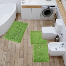 FCHTUE Bathroom Rugs Sets 3 Piece, Thick Fluffy Soft Absorbent Chenille Bath Mats for Bathroom Non Slip, Strong PVC Non Slip Backing, Machine Wash and Quick Dry Durable for Bath Rugs, Green