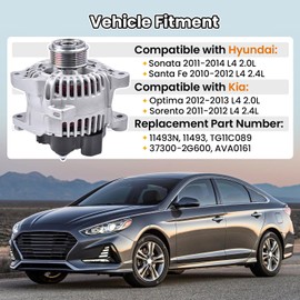 Hodflop 37300-2G600 Alternator Compatible with Hyundai Sonata 2011-2014 2.0L, Santa Fe 2010-2012 2.4L, for Kia Optima 2012-2013 2.0L, Sorento 2011-2012 2.4L, 12V 110A 6-Groove Pulley, TG11C089 11493N