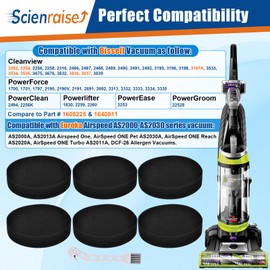 Scienraise 6 Pack 3837 Filters Compatible with Bissell 2252 2254 3836 3832 3837 3839 CleanView Swivel PowerForce Vacuum, Part #1608225 & 1640811