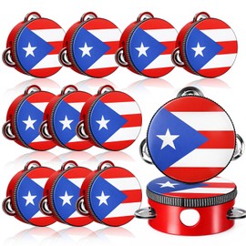 Nuanchu 12 Pack Puerto Rico Flag Tambourines 4 Inch Handheld Percussion Wood Frame Metal Jingles Mini Tambourine for Puerto Rican Festival Parrandas Three Kings Day Carnival Wedding Church Party Favor