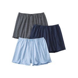 Nissen Women's Trunks, Shorts, Set of 3, Deep Fit, High Waist, Cotton Blend, Stretch, Dots + Border + Blue Heathered, LL