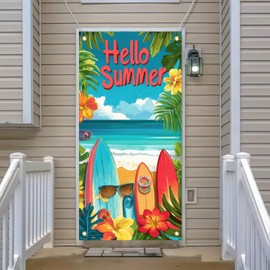 BlissYard Hello Summer Beach Door Cover Backdrop Decorations 71x35 Inch Surfboard Summer Door Banner Photo Background for Front Door Summer Surfing Beach PoolHoliday Party Supplies