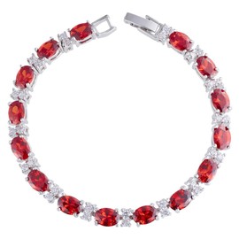 RIZILIA Oval Cut Simulated Red Garnet and White Cubic Zirconia 18K White Gold Plated Tennis Bracelet, 7"