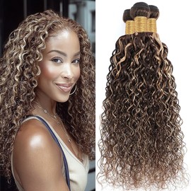 Dokksiiia Highlight Blonde Curly Wave Bundles Ombre P4/613 Chocolate Brown and Light Blonde Human Hair Bundles Double Weft Brazilian Human Hair Extensions Soft & Thick 10 12 14 Inch