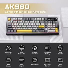 MIKIBY AJAZZ AK980 Wireless Keyboard with Smart Display & Knob,98% Mechanical Keyboard Tri-Mode BT/2.4G/USB-C, Hot Swappable, PBT Keycaps, with RGB Light for Win & Mac(Black,Murad Switch)