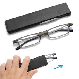OWTXIS Ultra thin Folding Reading Glasses for Women Men Compact TR90 Blue Light Blocking Readers with Portable Slim Flat case (Grey, +2.50)