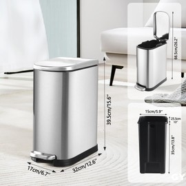 ELPHECO 3.5 Gallon Bathroom Trash Can with Soft Close Lid, 13.5 Litre Stainless Steel Pedel Garbage Can with Removable Inner Bucket, Wastebasket for Bathroom, Office, Bedroom, Silver