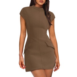 OFEEFAN Womens Fall Fashion 2025 Mock Neck Short Dresses Birthday Dress Coffee M