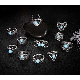 Sttiafay Bohemian Stackable Knuckle Rings Set VIntage Exaggerated Turquoise Crescent Owl Joint Stacking Rings Index Finger Ring Set DIY Jewelry Gifts for Women and Girls (11 Pcs)