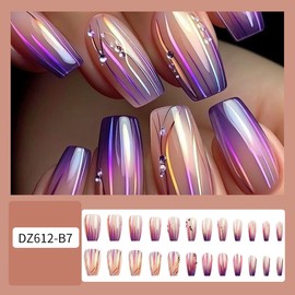 24Pcs Purple Ombre Press on Nails Medium Square Fake Nails Spring Glue on Nails Nude Pink False Nails with Colorful Line Rhinestones Designs Summer Cute Coffin Stick on Nails for Women