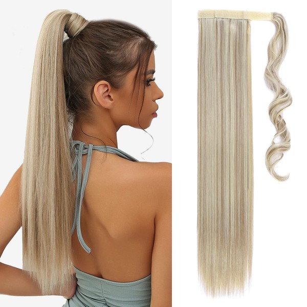 TESSClip In Ponytail Hair Extensions Blond 23 Inches, Ash Blonde Balayage Straight Hair Extensions Clip In Ponytail 90g Fake Ponytail Extension Long Hair