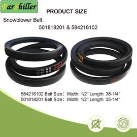 584216102(1/2" X 38 1/4") 501818201(1/2" X 35 1/4") Auger Drive Belt Replacement for Husq-Varna ST224 227P Snowblowers (1 Set)