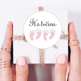 MAGJUCHE Pink It's Twins Baby Shower Stickers, Two Girls Little Feet Baby Shower Favor Stickers, 2 Inch, 40-Pack