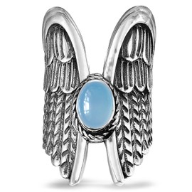 Natural Oval Stone Wide Chunky Full Finger Wing Ring,Sterling Silver Cocktail Party Punk Gothic Crystal Quartz Gemstone Statement Band Ring for Women (A03_Blue Agate, 8)