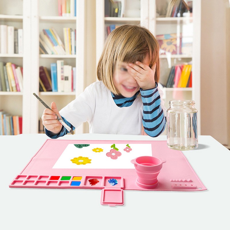 Silicone Painting Mat Washable Art Mat with Foldable Water Cup
