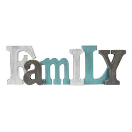 Morning View Wooden Family Sign Decorative Hanging Word Signs Table Top Cutout Block Letters Standing Family Letter Sign Wall Decor for Living Room Home Decor Shelf Mantel (Aqua)