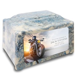 GetUrns Devotion Sky Blue Adult Cremation Urn for Human Ashes I Motorcycle UV Printing Cultured Marble Urns for Male and Female I 200lbs