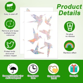 6 Sheets Anti-Collision Window Stickers, Window Stickers with Rainbow Reflection and Bird Motifs, Window Stickers to Prevent Bird Strikes (Hummingbird)