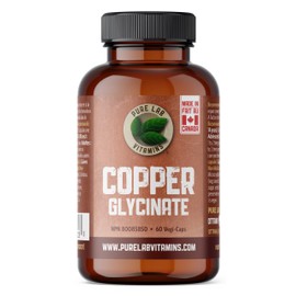 Pure Lab Vitamins - Copper Glycinate Mineral Supplement 1 mg 60 v-caps | Essential for Collagen Production, Immune System & Red Blood Cell Formation | Non GMO, Gluten Free | Formulated and made in Canada