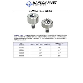 Hanson Rivet DIMPLE Dies are Designed to Form a 100° Countersink for 3/16" Diameter Rivets in pre-Punched Holes in Sheet Metal. (1 Set of 2)