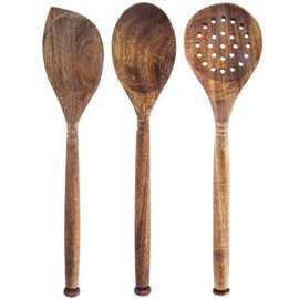 Labrea Life + Home 3pc Solid Acacia Wood Spoons and Skimmer Kitchen Utensils Set Cooking Baking Home Essentials, 12 Inch