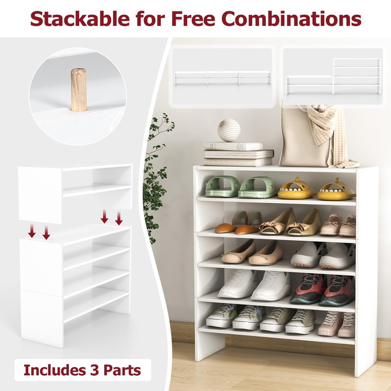 Tangkula 6-Tier Stackble Shoe Rack for Closet, Space Saving Wooden